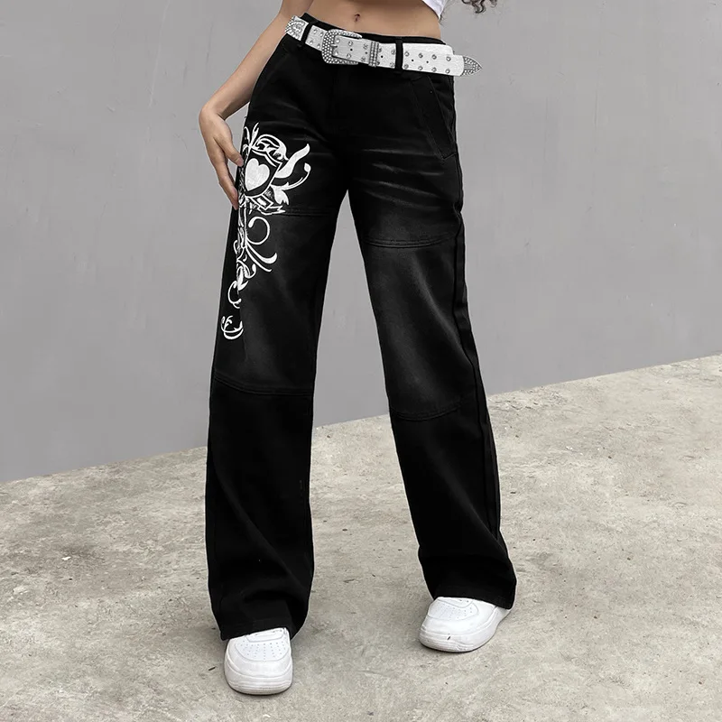 Women Baggy Jeans Y2K Pants Printed Low Waist 2021 Autumn Winter Oversize Wide Leg Baggy Punk Casual cargo Trousers stacked jeans