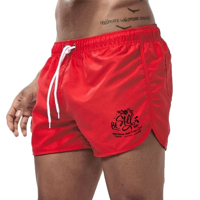 Summer Men's Beach Shorts Letter Printed Fitness Sports Casual Elastic Waist Drawstring Male Board Short Pants S-3XL Red