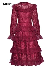 Robe en dentelle de haute qualité pour femmes, Style printemps été, col montant, broderie Lurex, volants en cascade, Sexy, rouge, bleu, violet, 2021 