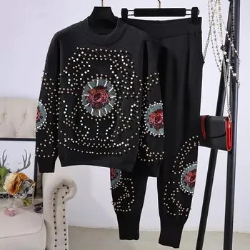 

Autumn And Winter New Women Loose Streetwear Outfits Pants + Beading Knitted Sweater Tops Fashion Female Two-Piece Sets