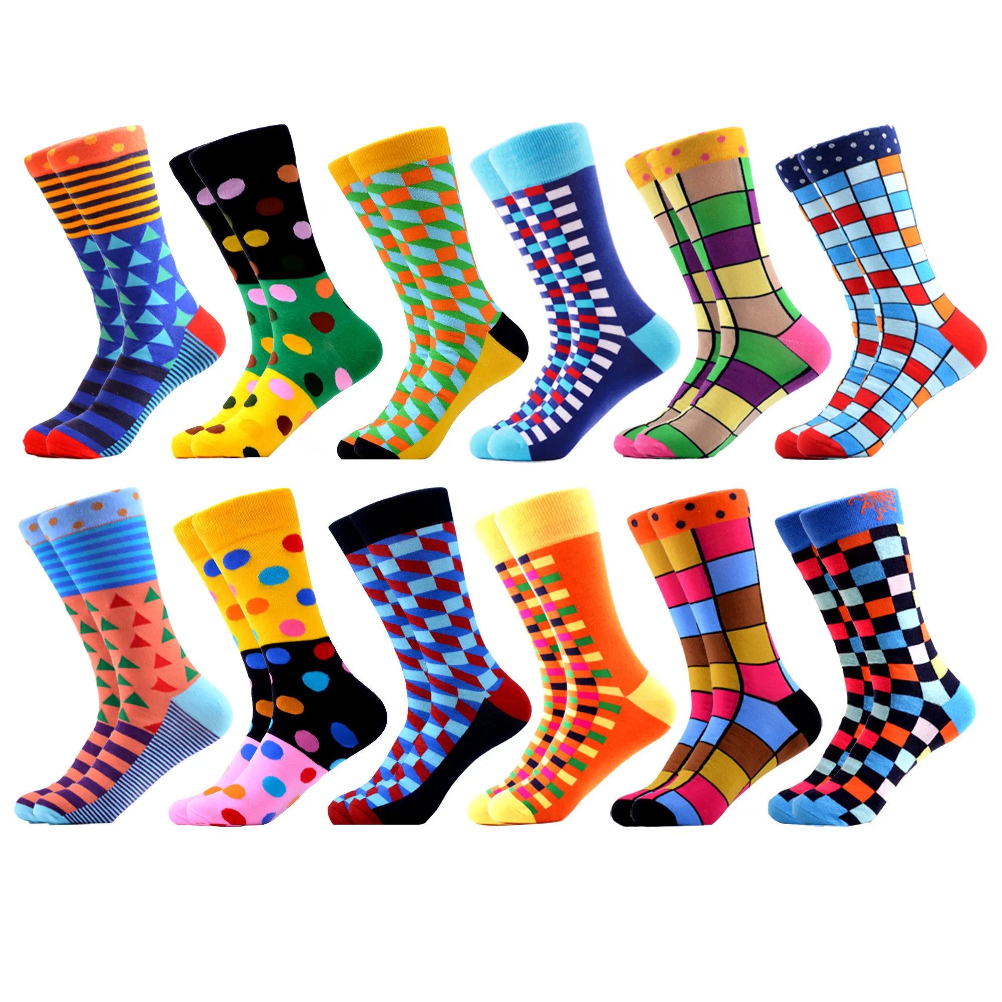 06959 (12 pairs) SANZETTI Men's Colorful Combed Cotton Happy Novelty Socks Hip Hop High Quality Skateboard Plaid Geometric Funny Socks For Gifts - Цвет: 06959 (12 pairs)