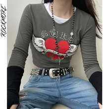 

Rockmore Graphics Print Tee Shirt Women Casual Long Sleeve Crop Top Aesthetic Patchwork T-shirt Autumn 90s Grunge Clothes