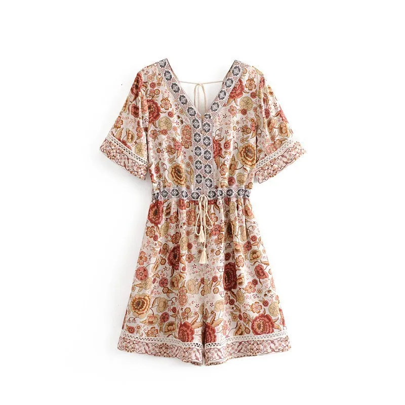 Women Floral Print Hollow Out Wide Leg Rompers Bohemian V-Neck Lace Up Loose Jumpsuit Sashes Summer Casual Overalls