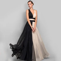 Cap Sleeve Deep V Neck Evening Dresses for Dinner Party Floor-Length 2022 Black/Champagne Dress Formal Party  Vestido De Noiva