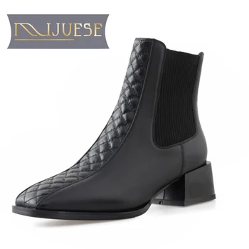 

MLJUESE 2021 women ankle boots soft Cow leather winter short plush slip on square toe high heels female Chelsea boots size 34-40