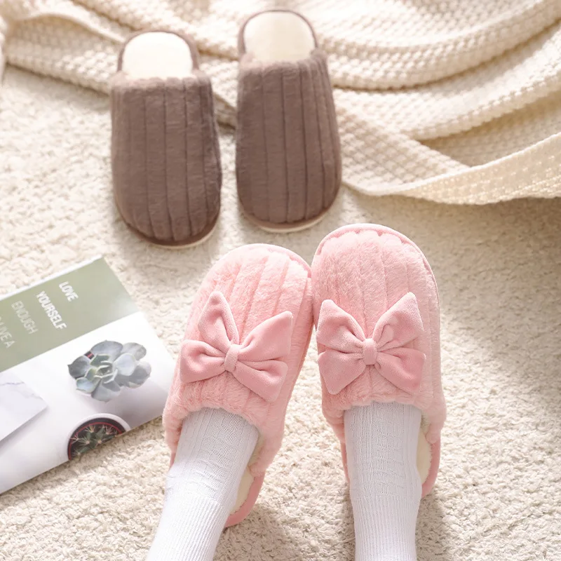 

2019 Winter New Style Imitation Rabbit Fur Bow Cotton Slippers Thick Plush Couples Slipper Indoor Warm Slipper