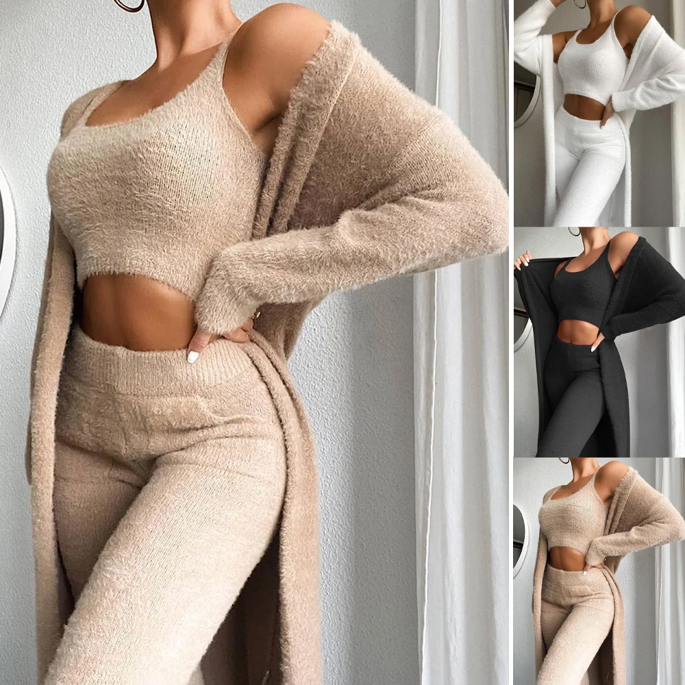 dressy pant suits to wear to a wedding Women Homewear Clothes 3 Pieces Set Solid Fleece Tank Top + Pant + Cardigan Female Women Robe  Pijamas Sets Sexy Set short suit set