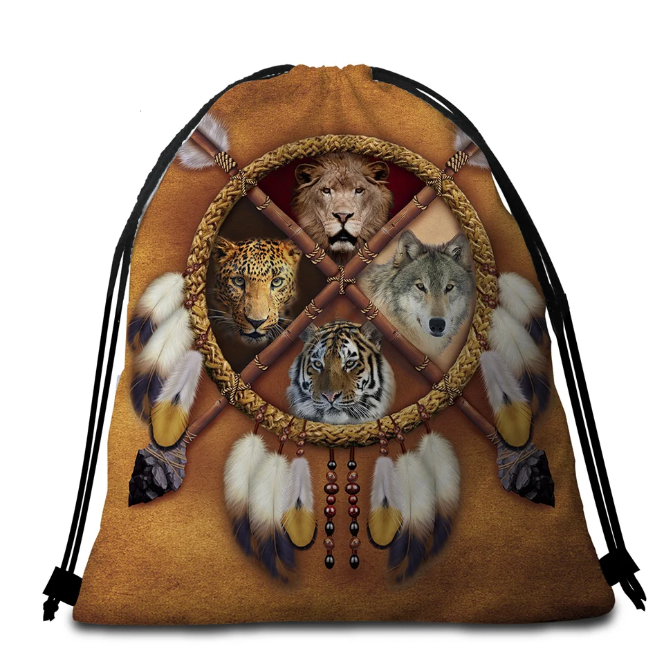 Постельное белье Outlet Dreamcatcher большое круглое пляжное полотенце 3D Волк лев тигр банное полотенце с кисточкой животное Леопард Племенной коврик для пикника 150 см