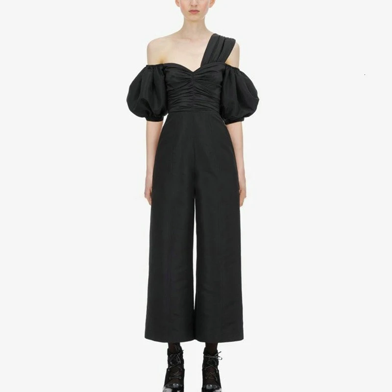 TWOTWINSTYLE Ankle-Length Jumpsuit Female Asymmetrical Collar Lantern Half Sleeve High Waist Ruched Jumpsuits Women Clothing New