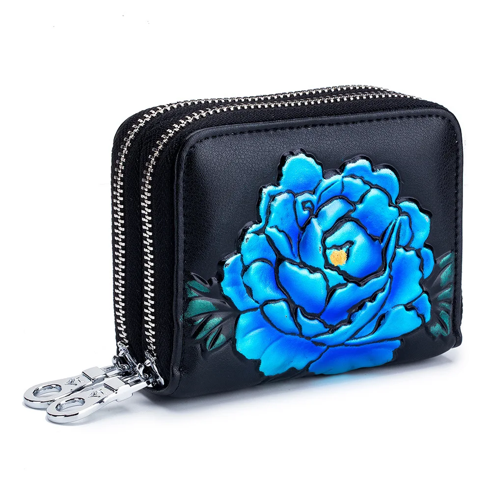 Blue Бренд GO-LUCK, RFID, держатель для кредитных карт, чехол для карт, кошелек, женский кошелек, сумка для монет, двойная молния, дизайн, цветок розы, натуральная кожа - Цвет: Blue
