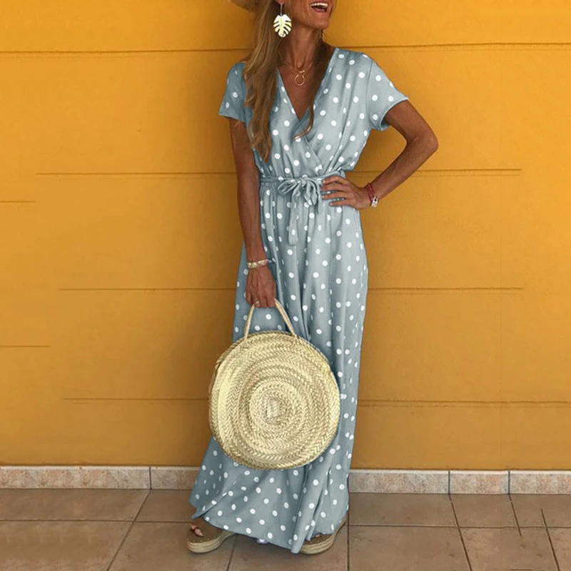 Fashion Women Summer Dress New Sexy V-neck Short Sleeve Polka Dot Print Women Long Maxi Dress Ladies Clothes CDR1875 (17)