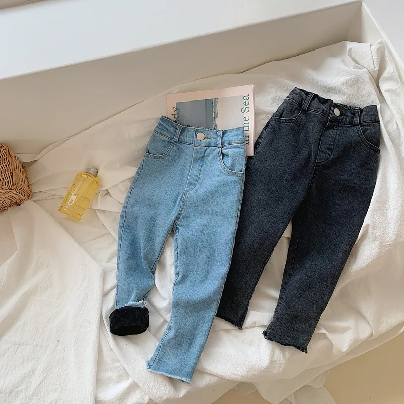WLG boys girls winter jeans kids denim blue black velvet thick skinny jean baby warm fashion all match trousers 1-6 years
