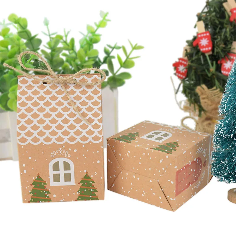 10Pcs/set Handmake House Shape Christmas Candy Gift Bag With Ropes Cookie Box Home Xmas Party Decor Supplies 2021 Navidad
