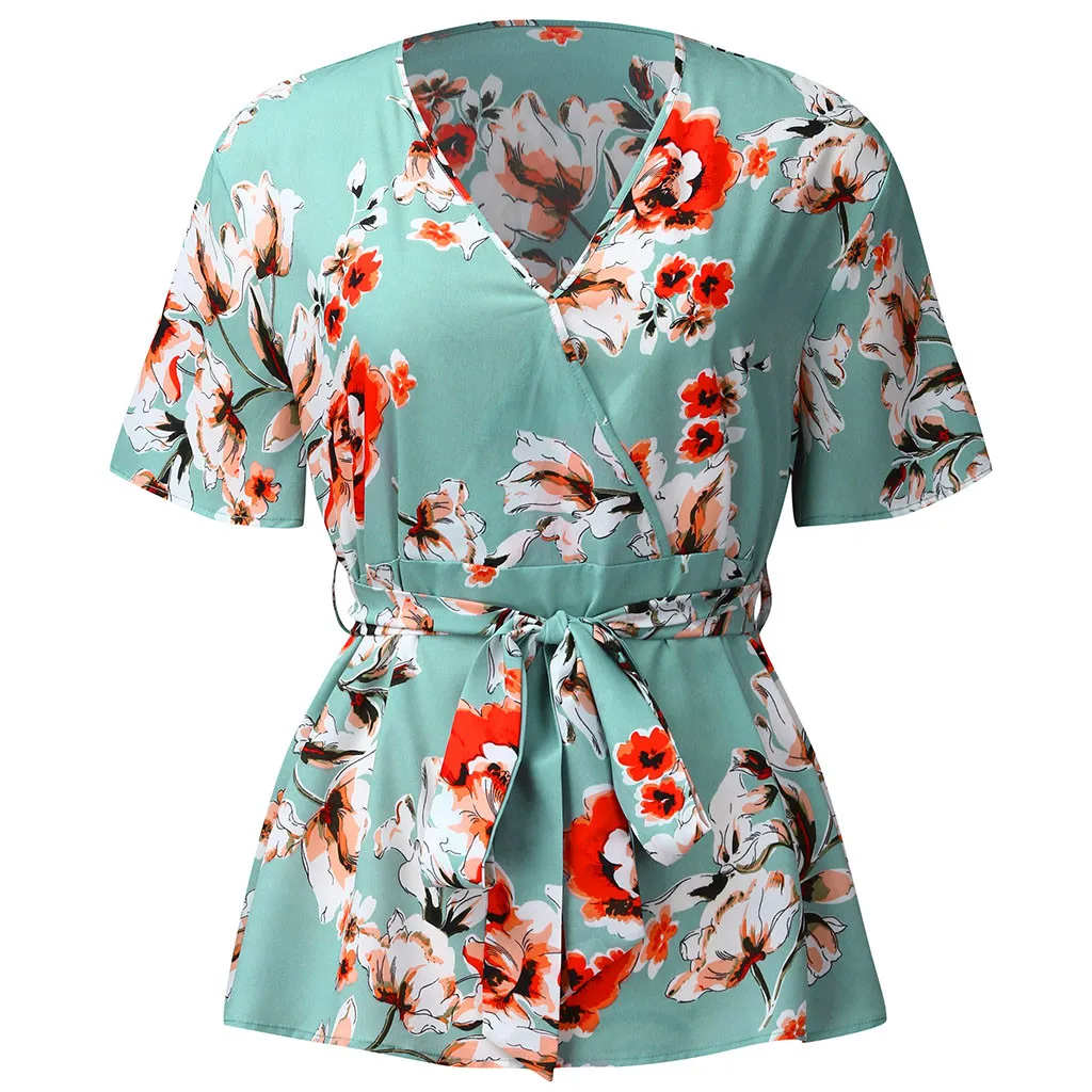 5xl Plus Size Floral V-neck Shirt Women's Casual Short Sleeve Tunic Printing Waist Belt Blouses Tops Women Clothing Blusas Mujer shirts & tops