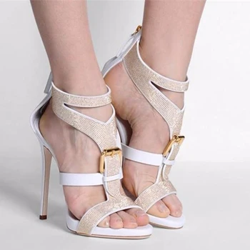 

YECHNE Women Peep Toe Rhinestone Sandals Plus Size 43 High Heels Sandals Sexy Black White Crystal Summer Pole Dance Pumps