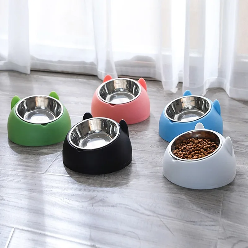 

Cute Pet Cat Ear Bowl Protection Cervical Vertebra 15 Degree Oblique Mouth Pet Stainless Steel Food Bowls Pet Bowl