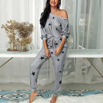 

Sexy Women Cotton Pyjamas New Stars Print Long Sleeves Pants Tracksuit Comfortable Gray Sleepwear Solid Long Pajamas