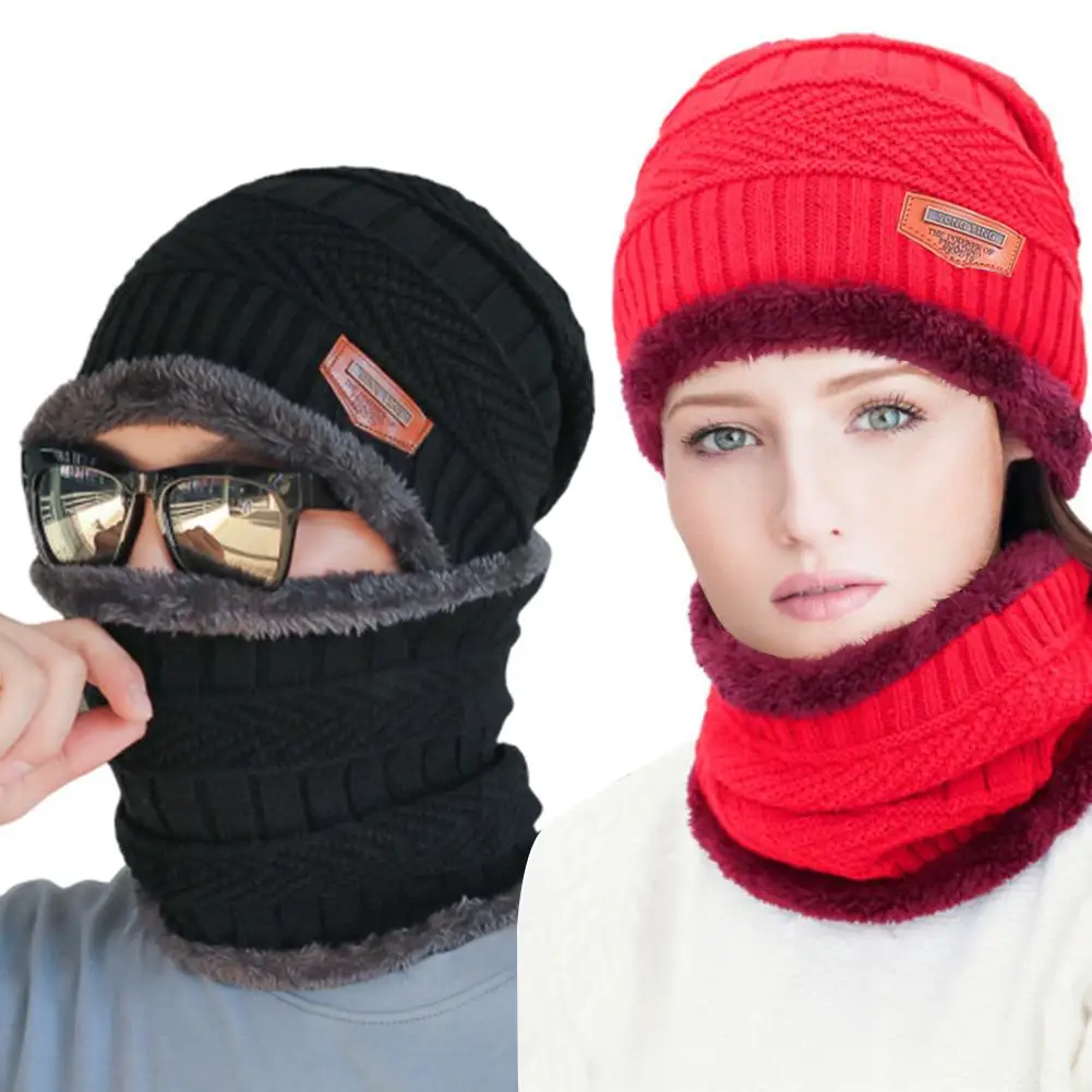 Мужская теплая шапка Skullies, шерстяная шапка, мягкий шарф, комплект из двух предметов, зимние Утепленные шапки, мужские ветрозащитные вязаные шапки, теплые шапки для шеи