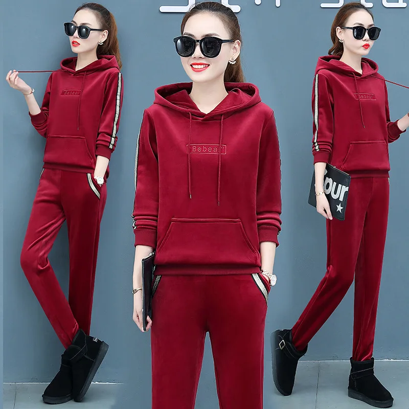 Winter Thick Velour Women Sport Suit Tracksuit Warm Hoodie Sweatshirt+pant Casual Jogger Running Workout Outfit Set Sportswear