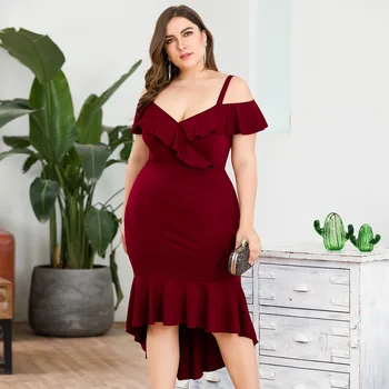 

Plus Size Burgundy Women Dress Mermaid Ruffles V-Neck Spaghetti Straps Draped Sexy Bodycon Dress Elegant Summer Party Dress 2020