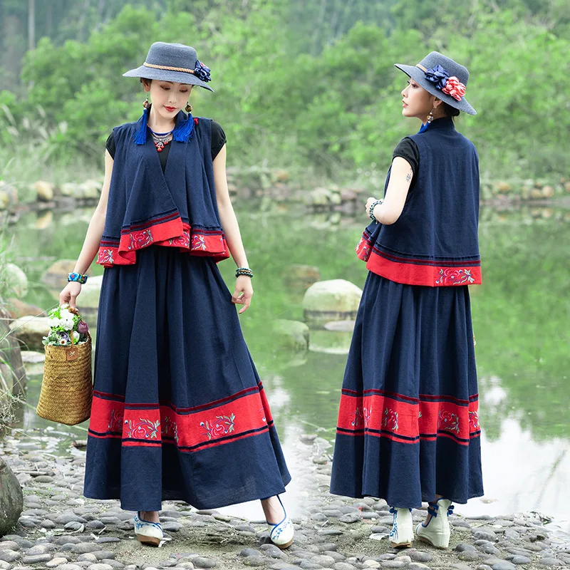 

New Style Ethnic-Style Large Size Embroidered Shawl Double Purpose Waistcoat Tops Skirt Two-Piece Casual Explicit
