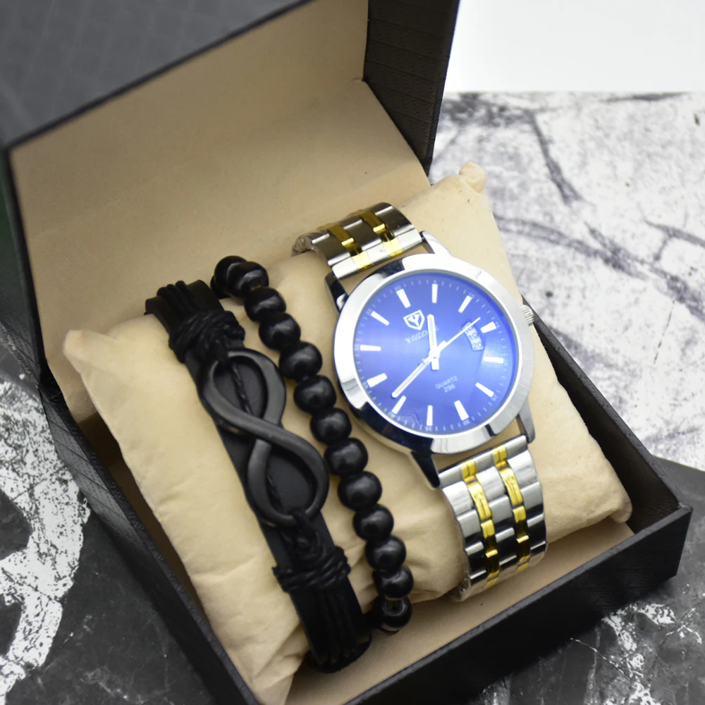 Luxury Men's Watch 30m Waterproof Date Clock With Bracelet 3Pcs Men Quartz Casual Wrist Watch Relogio Masculino Gift Box ForMens 3pcs full daimond men s watches luxury iced out calendar quartz wristwatch hip hop clock male bracelet necklace sets with box