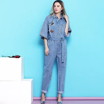 

Free Shipping 2019 New Safari Style Half Sleeve Women Denim Jumpsuit And Rompers S-XL Spring Autumn Trousers With Belt Beaded