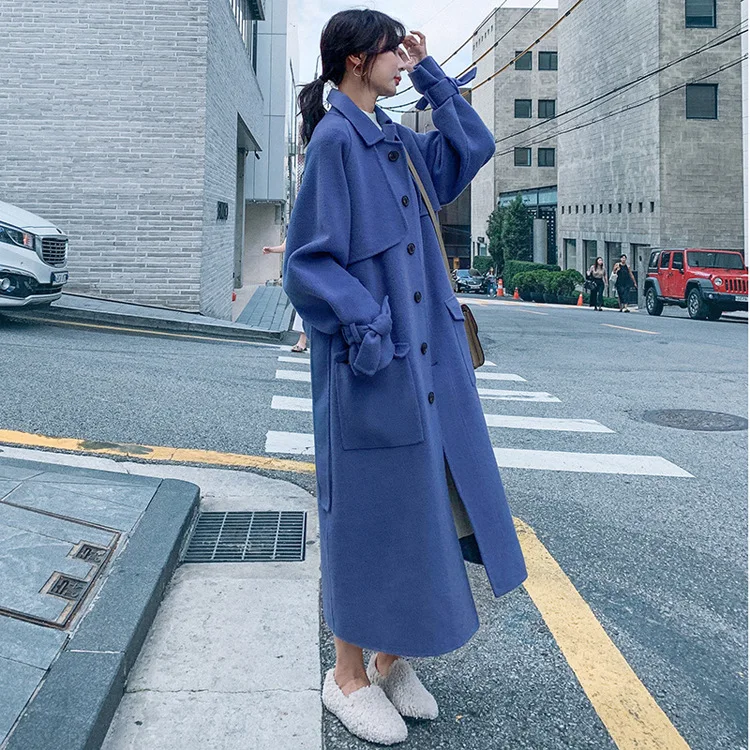 

Photo Shoot Month Greyish Blue Woolen Overcoat Women's 2019 Popular Autumn And Winter New Style Korean-style Long over-the-Knee