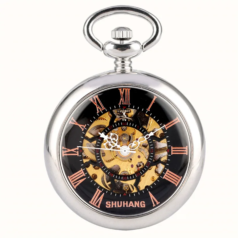 Silver Unisex Hand-winding Mechanical Pocket Watch Skeleton Smooth Case Roman Numbers Display for Men Women Pendant Chain Gift