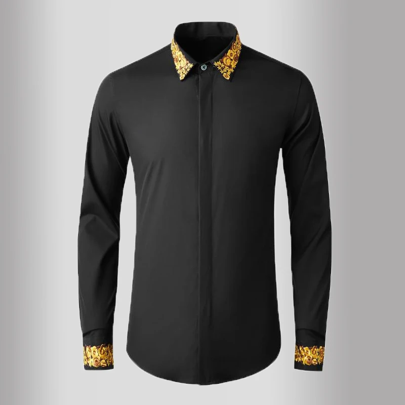 

Solid Color Luxury Royal Flower Long Sleeve Casual Mens Dress Plus Size 4xl Slim Fit Party Male Shirts