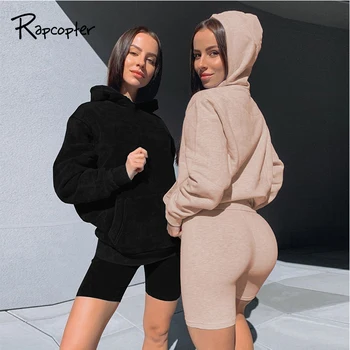 

Rapcopter Casual Women Two Pieces Set Solid Basic Suits Oversize Tracksuit Autumn Hoodie Set Ladies Suits Sweatshirt Sets Shorts