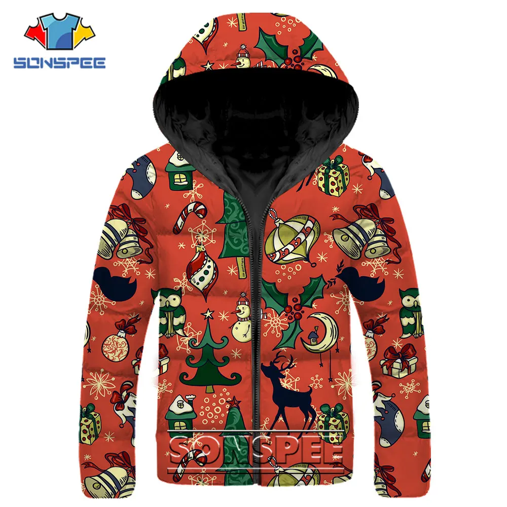 Funny Men's Christmas Gift Coat Winter Long Sleeve Santa Claus Candy Sock Printed Down Jacket Men's Clothing Casual Punk Parkas