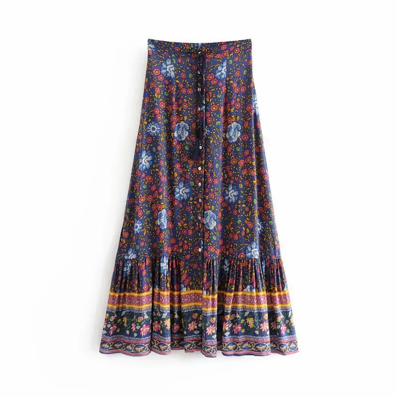 

C5717-8219 WOMEN'S Dress National Wind Printed Mixed Colors High-waisted Row Button Elastic Waist Pleated Skirt