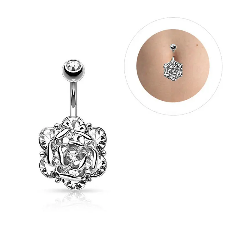 12pcs/lot Flower Shaped Belly Button Ring Crystal Stainless Steel Navel Bar Piercing Body Piercing Jewelry 14G