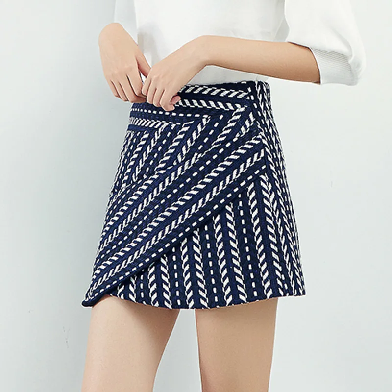 Шерстяная Юбка линия для Для женщин Striped Asymmetrical лоскутное облегающие мини-юбки женские осенние модная одежда 2019 E327