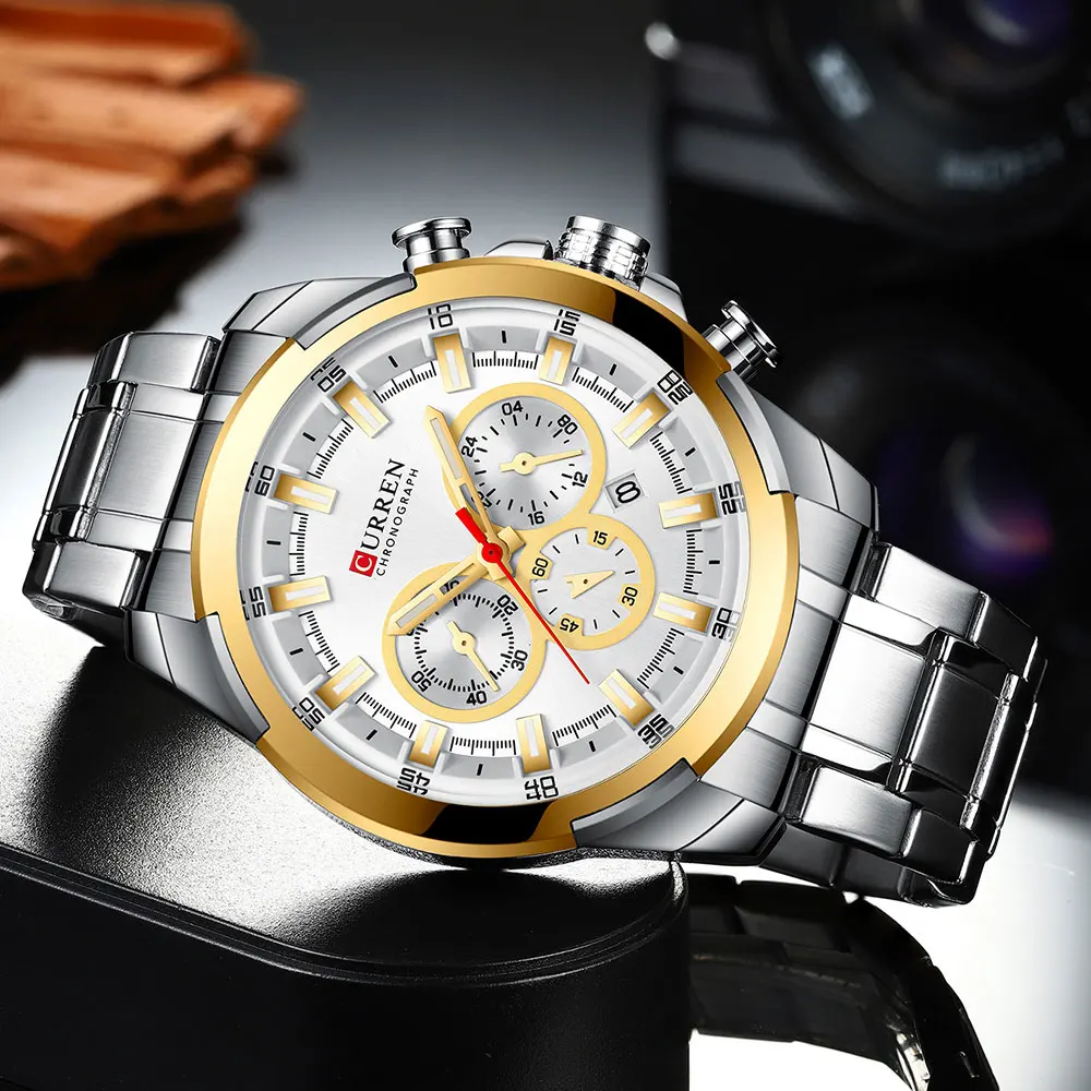 CURREN Классические черные мужские часы с хронографом спортивные кварцевые часы с датой мужские часы наручные часы из нержавеющей стали Relogio Masculino 8361