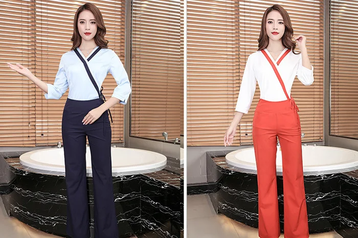 2pcs /Set Slim Fit Overalls Beautician Beauty Salon Work Clothing Health Museum SPA Technician Womens Elegant Quality Suit