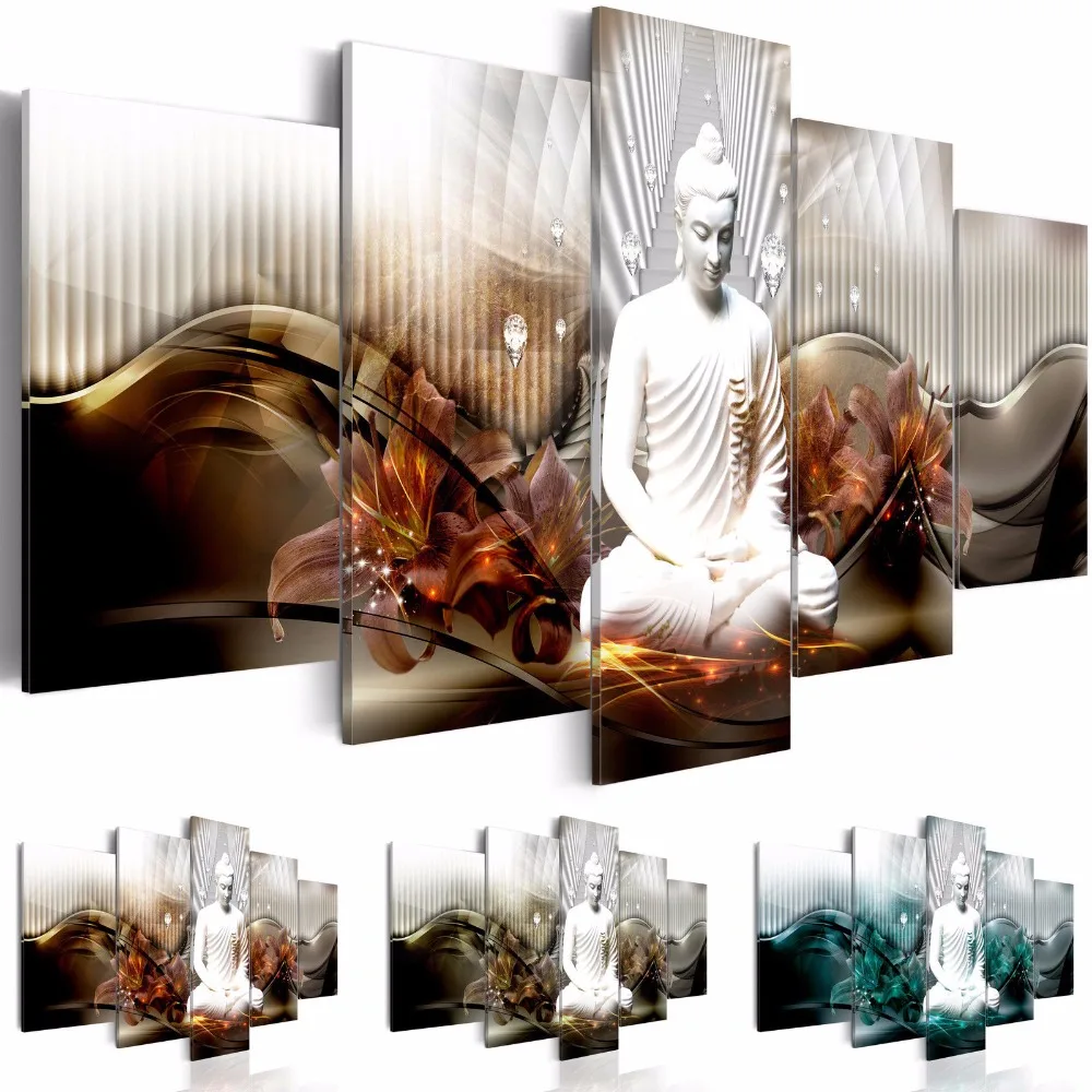 

No Framed Canvas 5 Pcs Abstract Lily Flower White Buddha HD Print Wall Art Posters Pictures Home Decor For Living Room Paintings