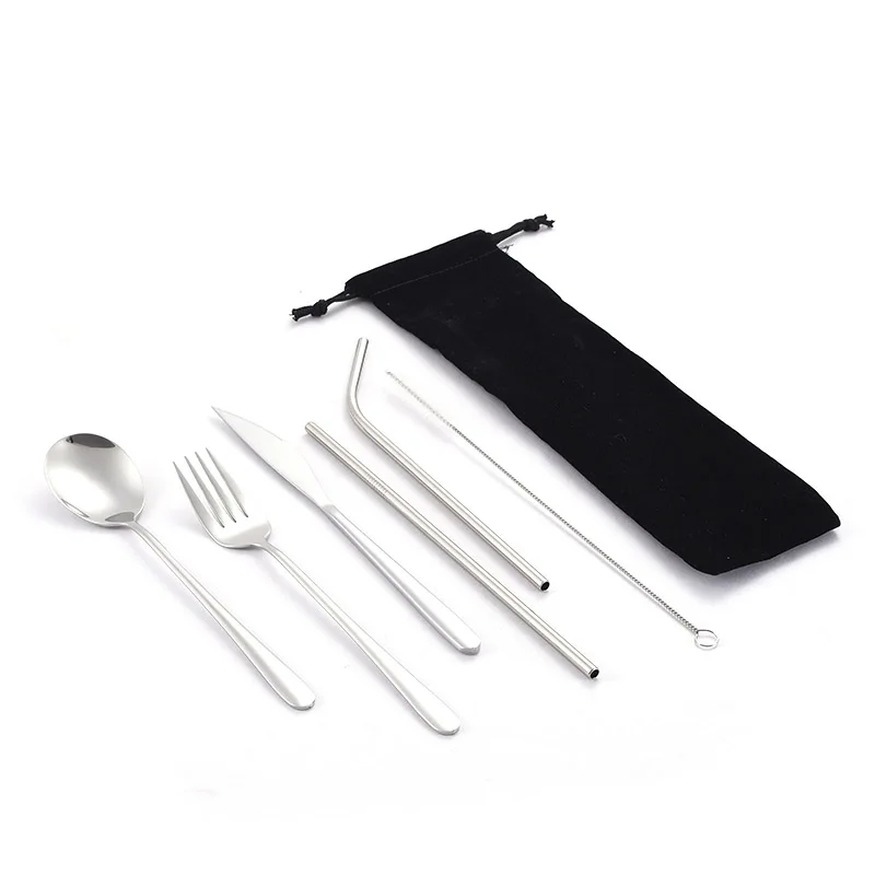 Cutlery Set F Набор посуды для путешествий, кемпинга, набор столовых приборов, многоразовая посуда из серебра, металлическая соломинка, ложка, вилка, палочки для еды и портативный чехол - Цвет: Cutlery Set F