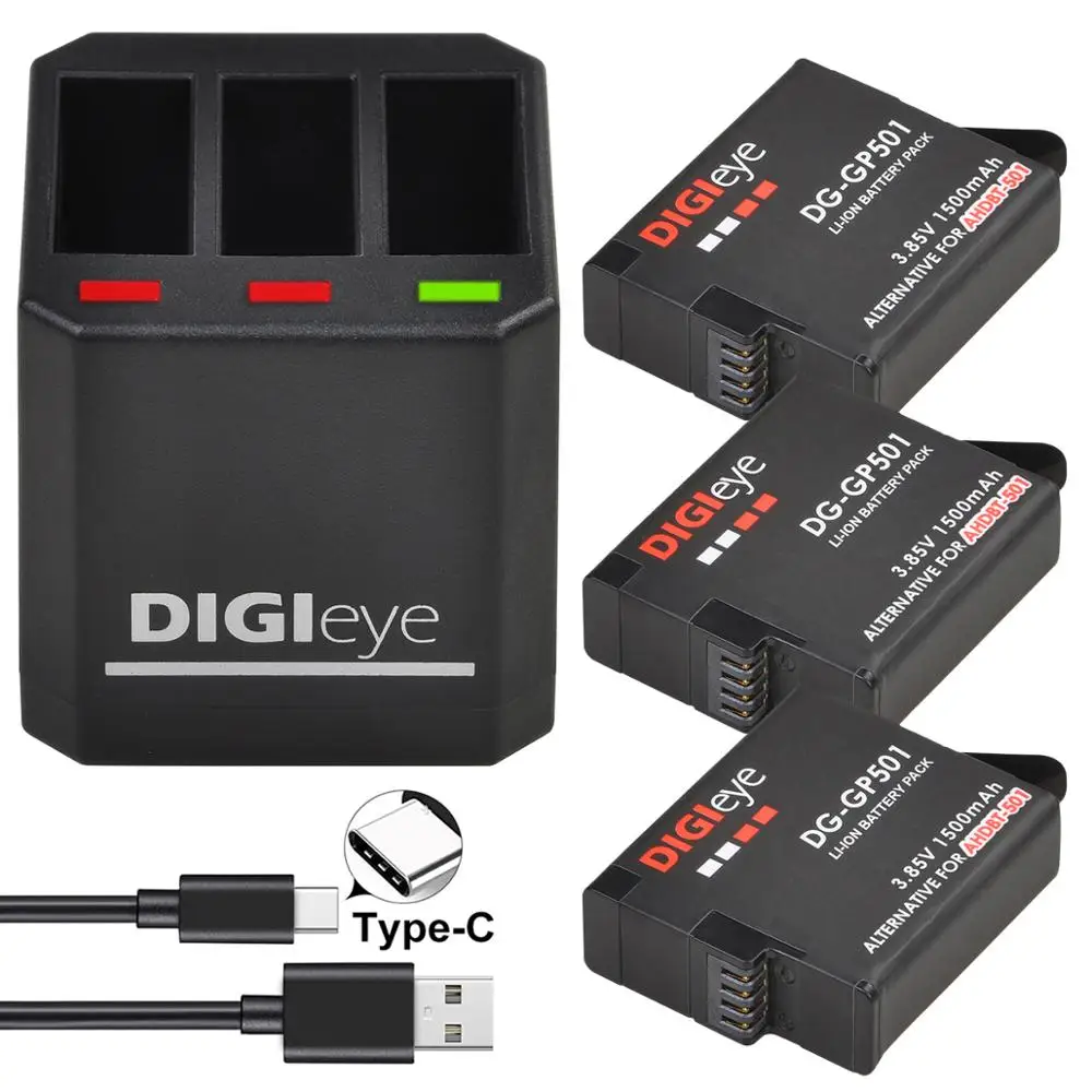 Batteria Per Gopro Hero 5/6/7 Caricatore Usb A 3 Porte Con Porta Di Tipo C Per Gopro Hero 5,Ahdbt-501,Hero 6,Hero 7 Nero, Hero 2018