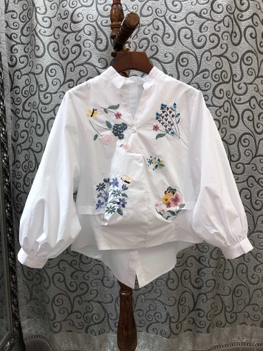 Высококачественная хлопковая блузка Весенняя Повседневная белая Темно-Синяя Женская рубашка ручной работы с вышивкой бисером и пуговицами на спине Топы рубашка