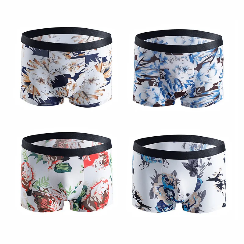 4 Pcs/Lot Men Underpants Large Size Panties Fashion Printing Breathable Large Size Boxer Briefs Ice Silk Men's Underwear 4XL