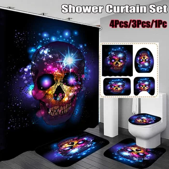 

Scary Rusty Rotten Skull Halloween Shower Curtain Non-Slip Bath Mat Set Waterproof Polyester Bathroom Mat Rug Lid Toilet Cover