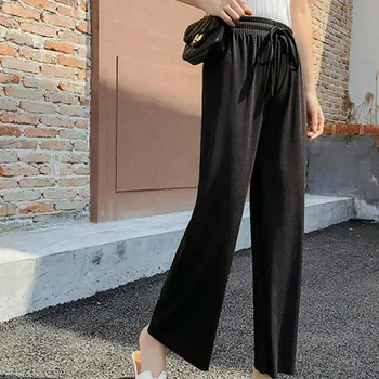 

2019 Women Pants Simple Casual Solid Color Ice Silk High Waist Loose Pants Wide Leg Ladies Herem Pants Female Ladies Trousers