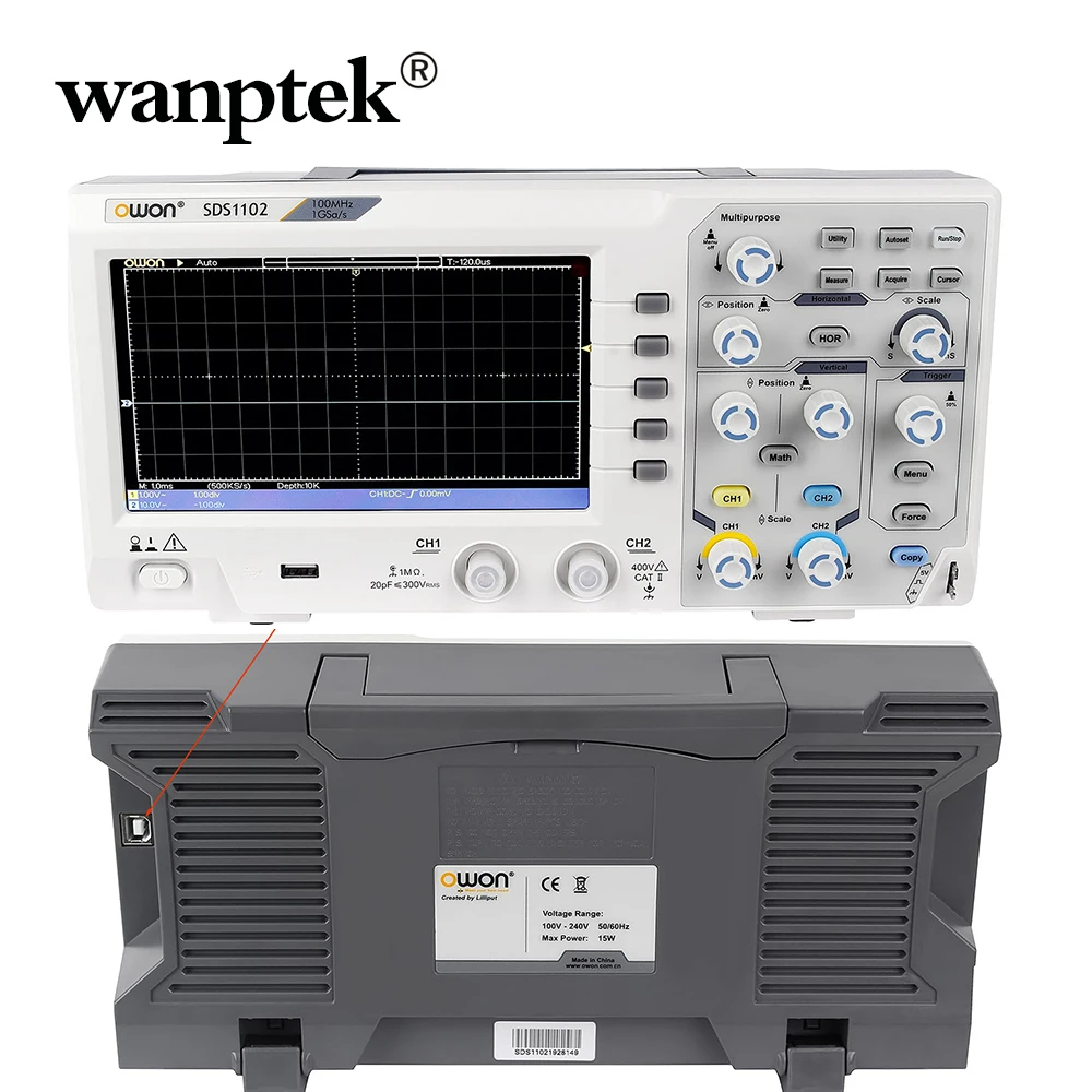 Wanptek очень профессиональный цифровой осциллограф USB 200MHz 2 канала 1GSa/s 7 ''TFT lcd длина записи 40K AC 110-220V