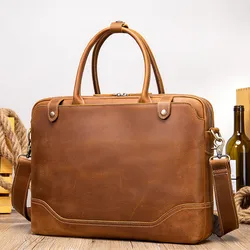 Men's Briefcase, Crazy Horse Leather Computer Bag, Retro Messenger Large-Capacity Portable Document Bag, First Layer Cowhide