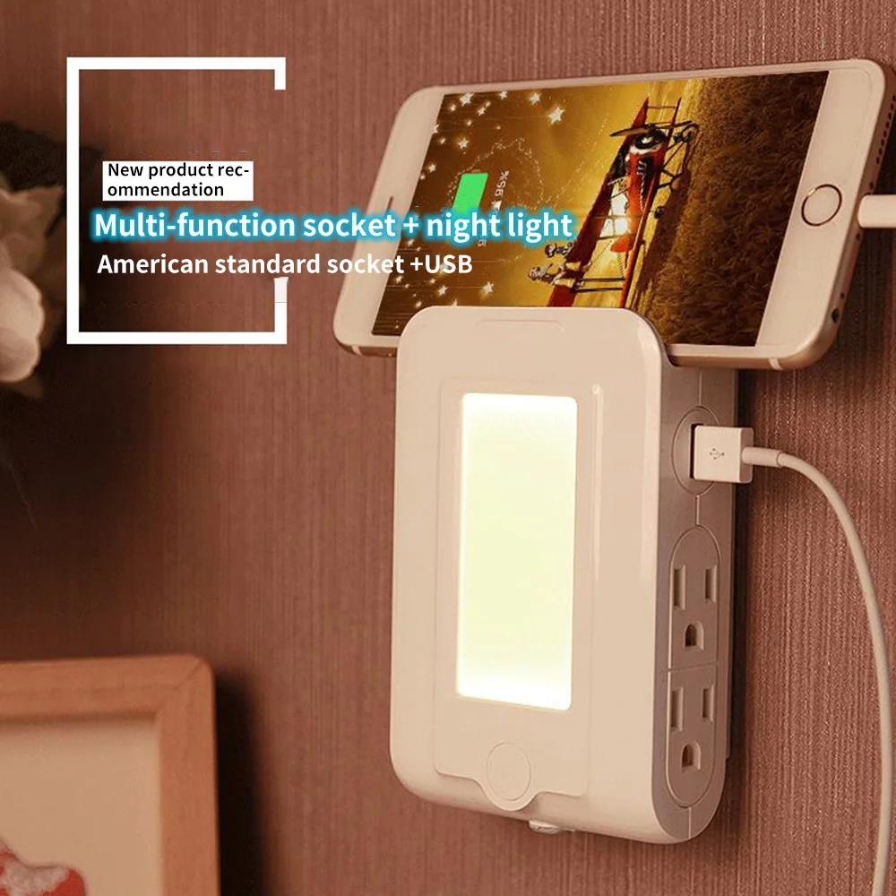 

3 In 1 Multi-Function USB Night Light With 2 USB Ports Wall Charge Smart Led Night With Charring Sockets With Phone Holder Table
