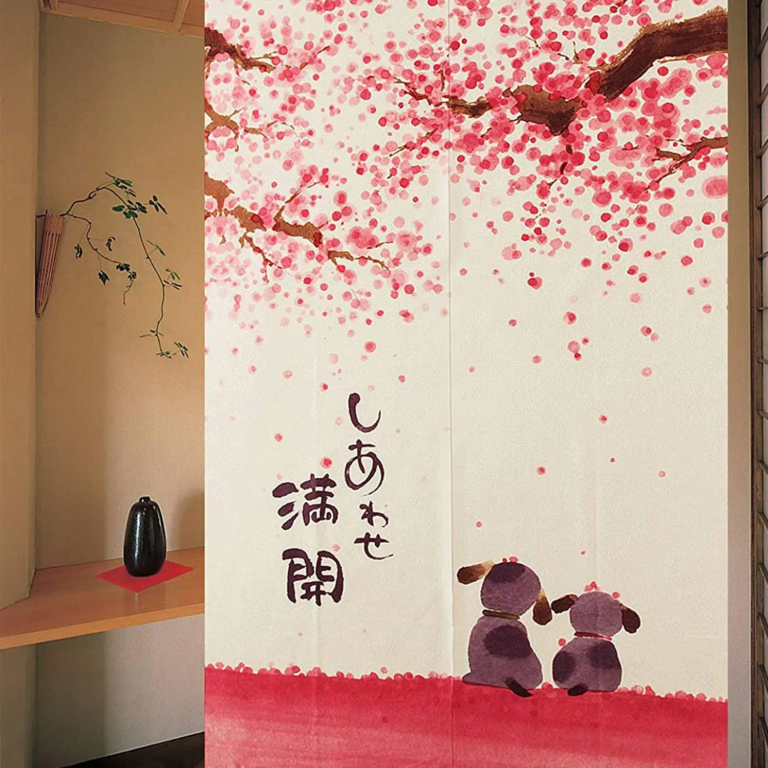 Горячие японский стиль дверной занавес 85X150 см Happy Dogs Cherry Blossom