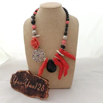 

19.5" Black Onyx Pink Coral Cz Pave Connector Necklace