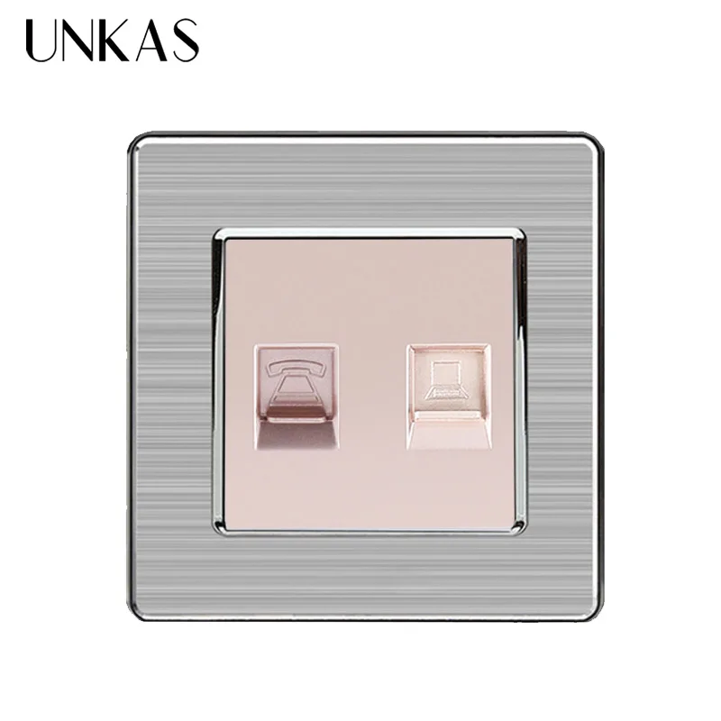 UNKAS RJ45 Интернет-разъем для передачи данных CAT5E разъем с 2 ядрами RJ11 телефонная розетка из нержавеющей стали матовая панель настенная розетка